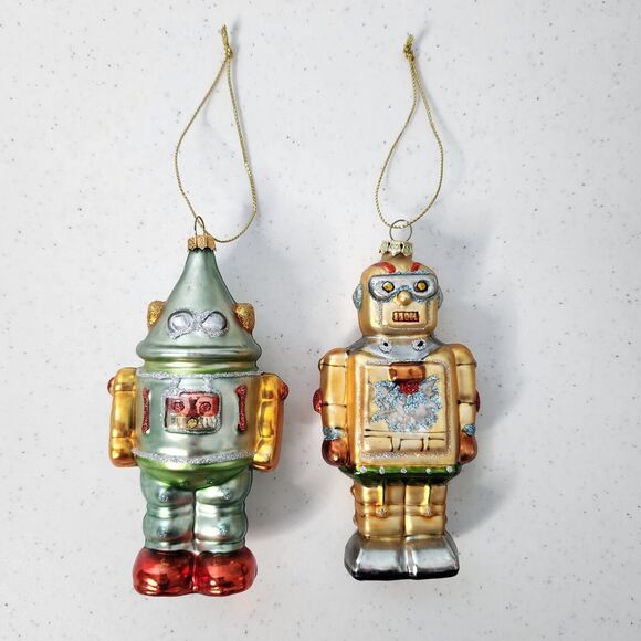 Blown Glass Vintage Look Space Robot Christmas Ornaments Set Of 2 Sci Fi Retro - Picture 1 of 5